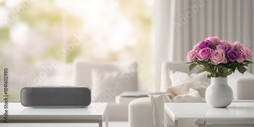 Modern living room interior featuring a speaker and rose flower vase, home decor and ambiance design