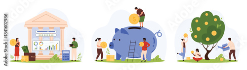 Growth of cash savings and wealth, bank account analytics set. Tiny people save gold dollar coin in piggy bank and calculate financial profit, investors growing money tree cartoon vector illustration