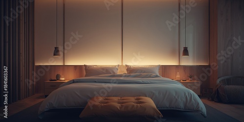 Modern double bed featuring plush accessories for comfort, bedroom setup