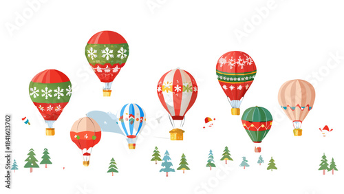 Dozens of Christmas-themed hot air balloons floating through a snowy sky, decorated with lights, bells, ribbons, cheerful holiday designs