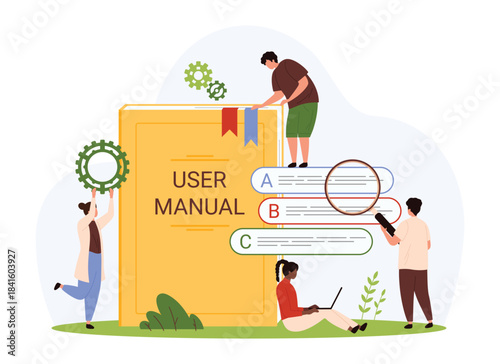 User manual, reference to guide, tutorial or library with FAQ. Tiny people with magnifying glass read advices of guidance book, study info text of electronic document cartoon vector illustration