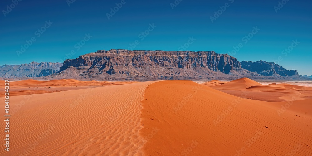 Fototapeta premium Orange-red desert landscape with rocky formations and distant mountains, serving as a background for outdoor activities