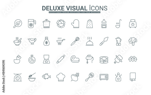 Spoon and spatula, oven or microwave to cook food and recipe book, whisk thin black outline symbols vector illustration. Kitchen tools and ingredients for cooking, baking line icons set.