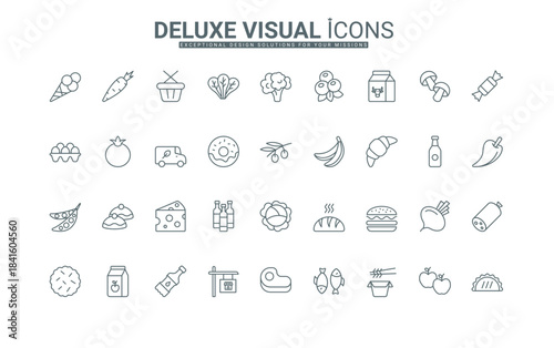 Food list of basket to buy in supermarket, meat, fish, fresh fruit, vegetables, dairy product package, and bread thin black outline symbols vector illustration. Grocery line icons set.