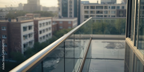 Modern balcony featuring glass and stainless steel railing, emphasizing safety features, Earth Day