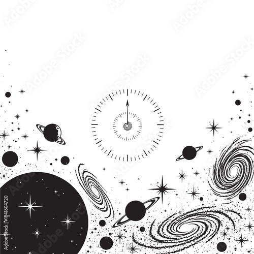 Cosmic universe with planets, stars, and time clock, black and white vector illustration