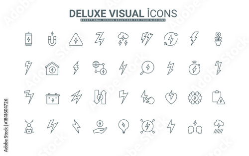 Electric energy and power battery, stress and brainstorm sign, cloud storm, thunderbolt danger, and warning thin black outline symbols vector illustration. Line icons set with lightning bolt.