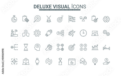 Time management for business achievements line icons set. Employee and office worker run, manage project with calendar, clock, hourglass thin black outline symbols vector illustration.