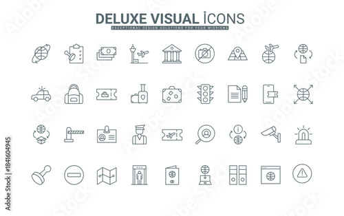 Immigration, tourist travel documents, instructions for online approval, thin black outline symbols vector illustration. Passport, visa, and ID card for citizen identification line icons set.