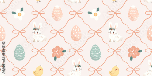 Cute pastel Easter seamless pattern with bunnies, eggs, chicks, and flowers. Ribbon bows form a diamond lattice background. Perfect for spring fabric, wrapping paper, kids decor, and holiday projects.