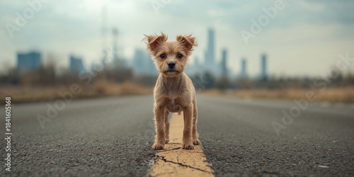 Fototapeta Naklejka Na Ścianę i Meble -  Low angle view of a small light brown mixed-breed terrier with a threatening stance, urban background, canine alertness