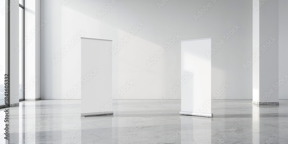 Fototapeta premium Two roll-up standee banners in an office hallway used for promotional displays, layout efficiency