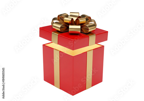 Opened Red Gift Box with Golden Bow and Ribbon, Isolated on White Background - Festive Celebration and Surprise Concept