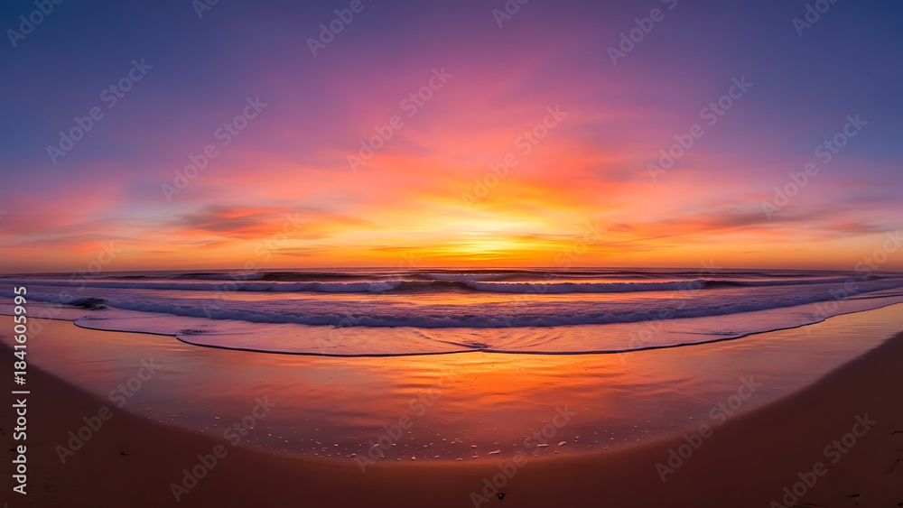 Fototapeta premium Breathtaking sunset over ocean shore with vivid colors and reflections on water. Sunset view captures vibrant hues in sky, blending shades of purple and orange over tranquil sea.