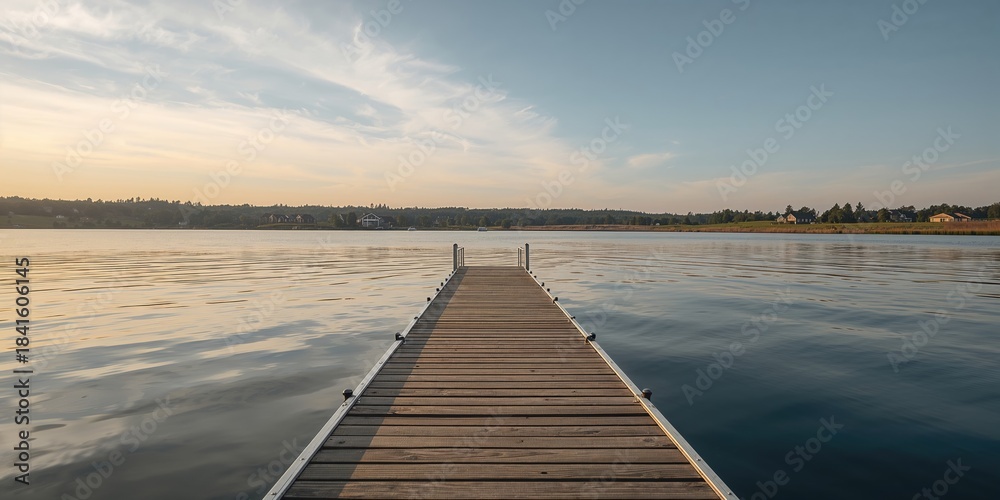 Obraz premium A boat dock on a lake with distant buildings, serving as a background for text layout, Earth Day