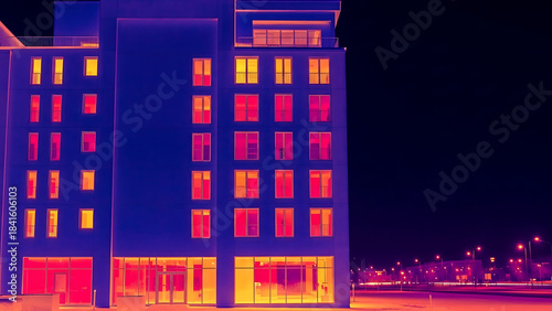 Thermal imaging of hotel building exterior at night showcasing vibrant colors and heat patterns. Thermal imaging displays unique architectural features and temperature variations across surfaces.