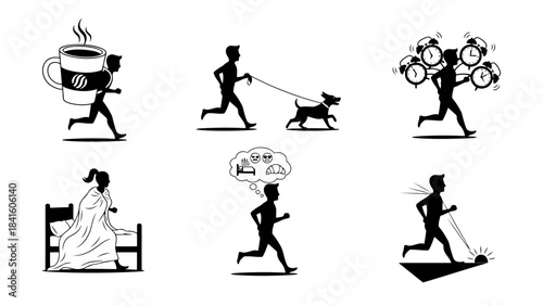 Diverse set of people running silhouettes illustrating various daily activities and routines such as morning jog, walking dog, or carrying coffee and alarm clocks