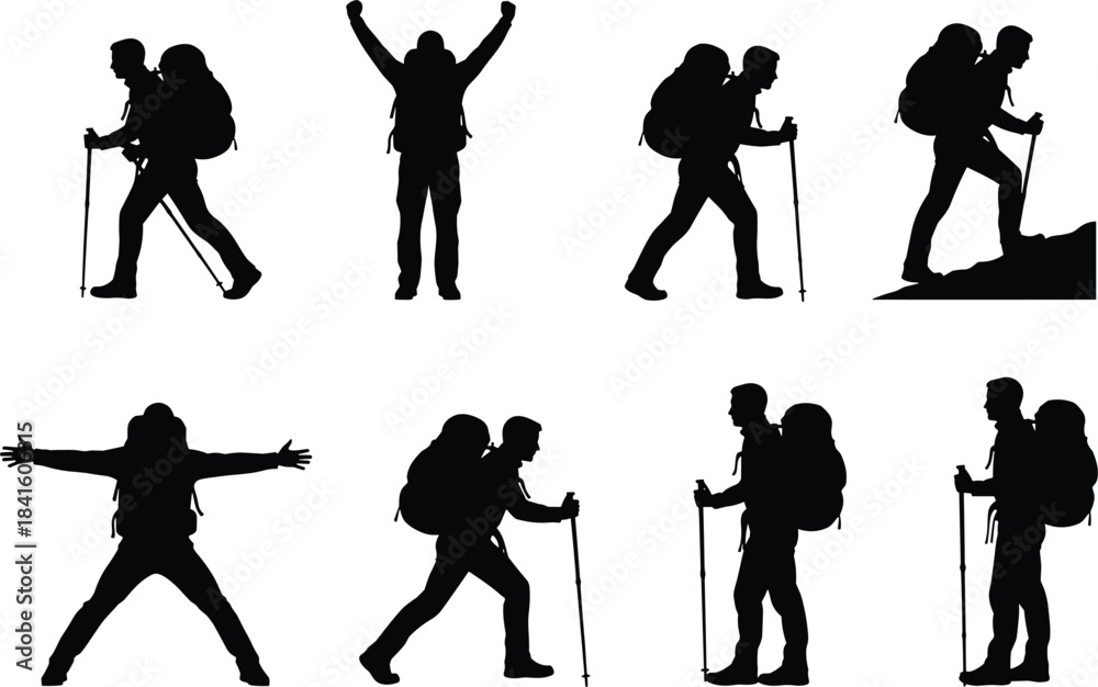 Obraz premium Silhouettes of Mountaineers and Trekkers Walking and Celebrating on a Mountain Path, Featuring Large Backpacks and Hiking Poles for Adventure Travel and Nature Exploration.