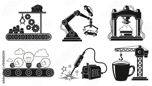 Industrial manufacturing icon set collection in black and white style showing production processes and heavy machinery on white background