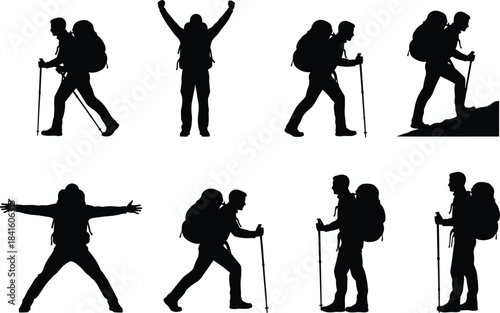 Silhouettes of Mountaineers and Trekkers Walking and Celebrating on a Mountain Path, Featuring Large Backpacks and Hiking Poles for Adventure Travel and Nature Exploration.