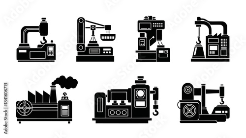 Industrial machinery and factory equipment black and white vector set, various manufacturing machines for production and processing in modern industry