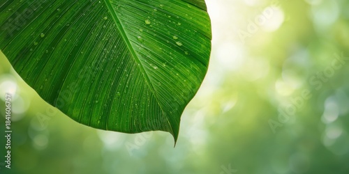 Vivid green tropical palm leaf with water droplets, ideal for summer background design