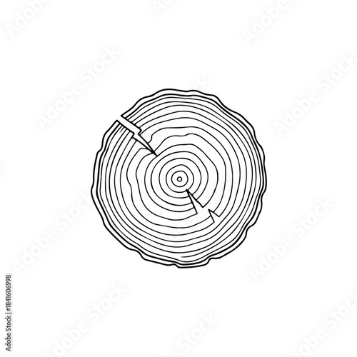 Black and white line art illustration of a tree trunk cross section showing annual growth rings and cracks isolated on transparent background