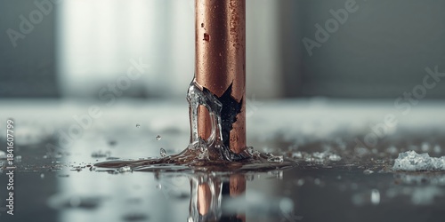 A pipe with a leak caused by freeze damage, plumbing maintenance during cold weather