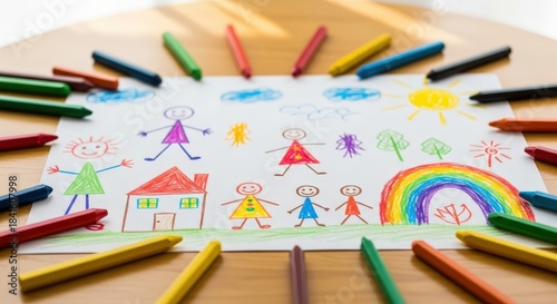 Colorful Child Drawing with Crayons on White Paper Surrounded by Art Supplies and Creativity