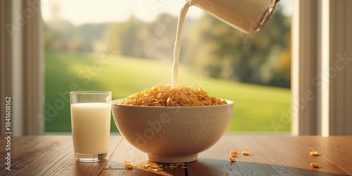 Cereal breakfast with milk stream, focusing on meal preparation and morning activity