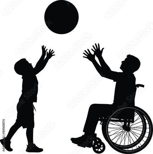 Silhouette of a Man in a Wheelchair Playing Catch with a Young Child, Representing Disability Inclusion, Family Activities, Adapted Sports, Rehabilitation, Happiness, and Intergenerational Connection.