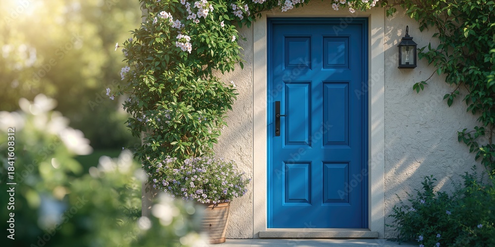 Fototapeta premium Blue door with potted plant, serving as a vibrant outdoor entryway background