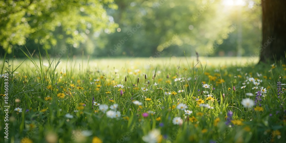 Fototapeta premium Grass and flowers in a natural setting, suitable for background or layout design, Earth Day