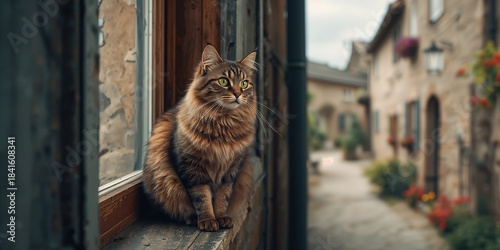 Gray and brown short-haired cat lying on wood, ideal for editorial header backgrounds