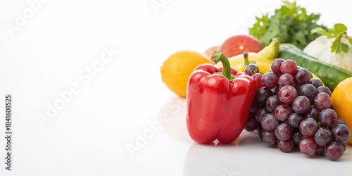 Fresh fruits and vegetables isolated on a white background, used as a clean food display or market layout