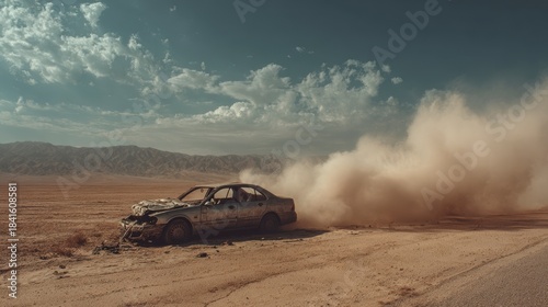 Abandoned Car Covered in Dust in Arid Desert Landscape Under Clear Blue Sky