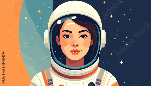 Stylized illustration of a woman astronaut in a space helmet with a starry and abstract background.