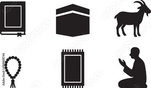 A collection of black silhouette icons representing Islamic faith, including prayer mats, a goat, prayer beads, and a person praying.