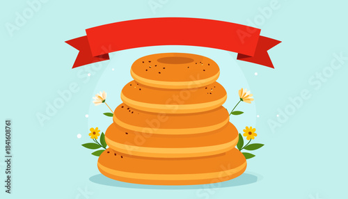 A festive illustration featuring a tall stack of golden pancakes or blini, decorated with a red ribbon banner and delicate flowers on a light blue background.