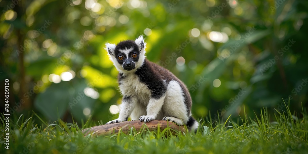 Obraz premium Lemur resting on tree branch in dense jungle, wildlife conservation awareness