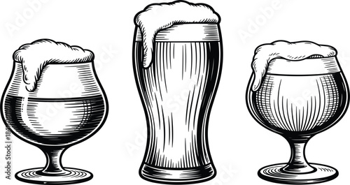 Set of three beer glasses with foamy head, pilsner, tulip, stout shapes, vintage engraved vector illustration