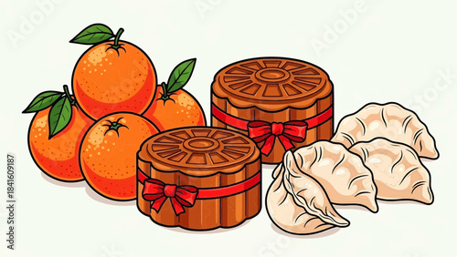 Colorful Assortment of Traditional Asian Festive Foods Mooncakes, Oranges, and Dumplings