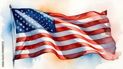 Watercolor painting of the waving american flag