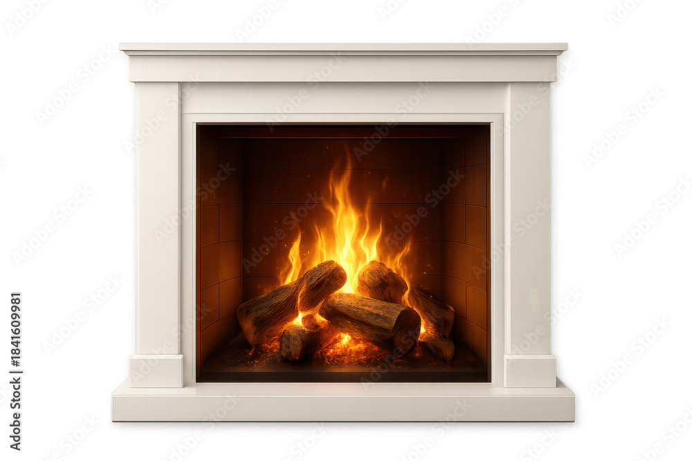 Obraz premium White fireplace with burning logs creating warmth and comfort, hearth glowing with bright fire flames at home