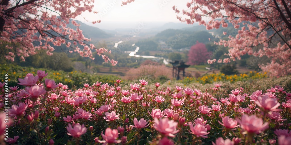 Obraz premium Colorful floral garden in full bloom with pink flowers and dense foliage, ideal for landscape photography, World Environment Day