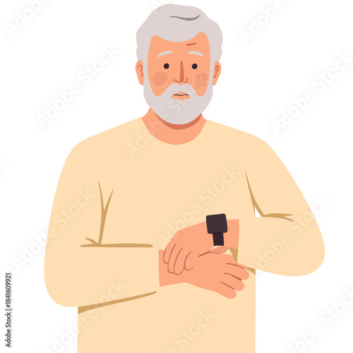 Elderly man checking heart rate. Senior using smartwatch health check. Older man monitoring pulse. Elderly tracking fitness with watch. Elderly set