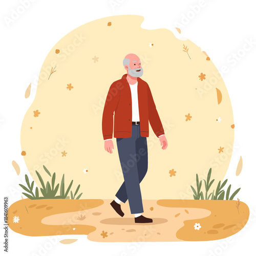 Elderly man on nature walk. Senior hiking in forest. Older person enjoying outdoors. Elderly man walking in rain. Elderly set