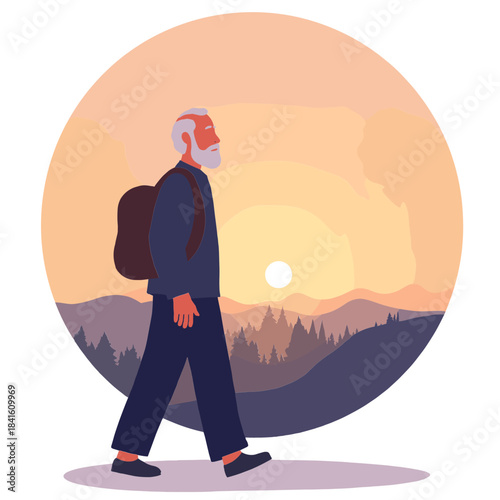 Elderly man walking alone. Senior silhouette at sunset. Older person on quiet path. Elderly walking in solitude. Elderly set