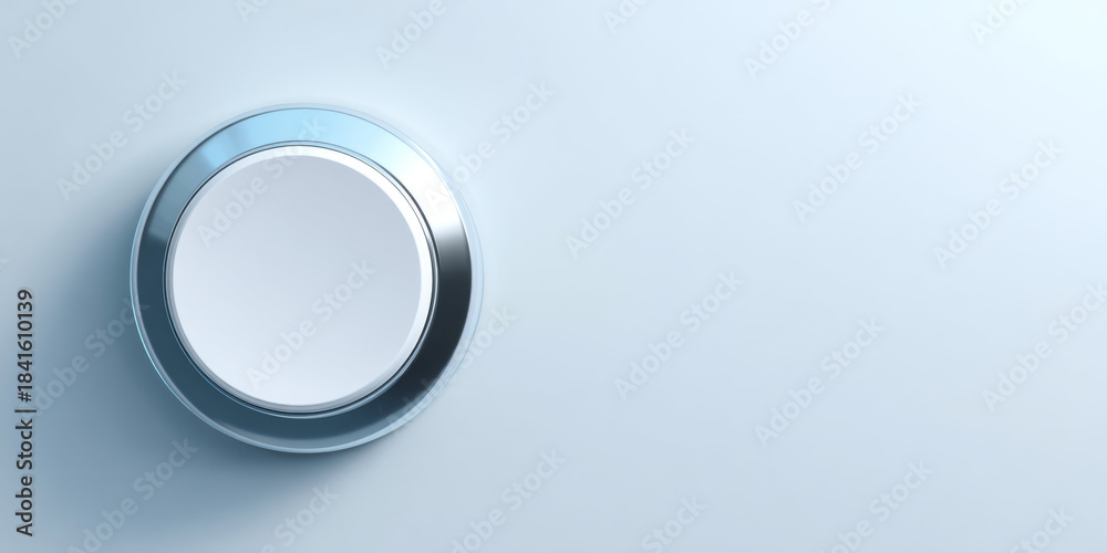 Obraz premium Close-up of a modern metallic circular button on a smooth light blue surface with soft shadows and reflective highlights