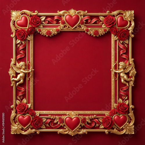 Ornate Gold Valentine Frame with Red Hearts, Roses, Cherubs and Copy Space on Crimson Background